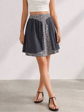 Floral Wrap Skirt Blue Grey A-Line Mini Boho Cottagecore Women’s L